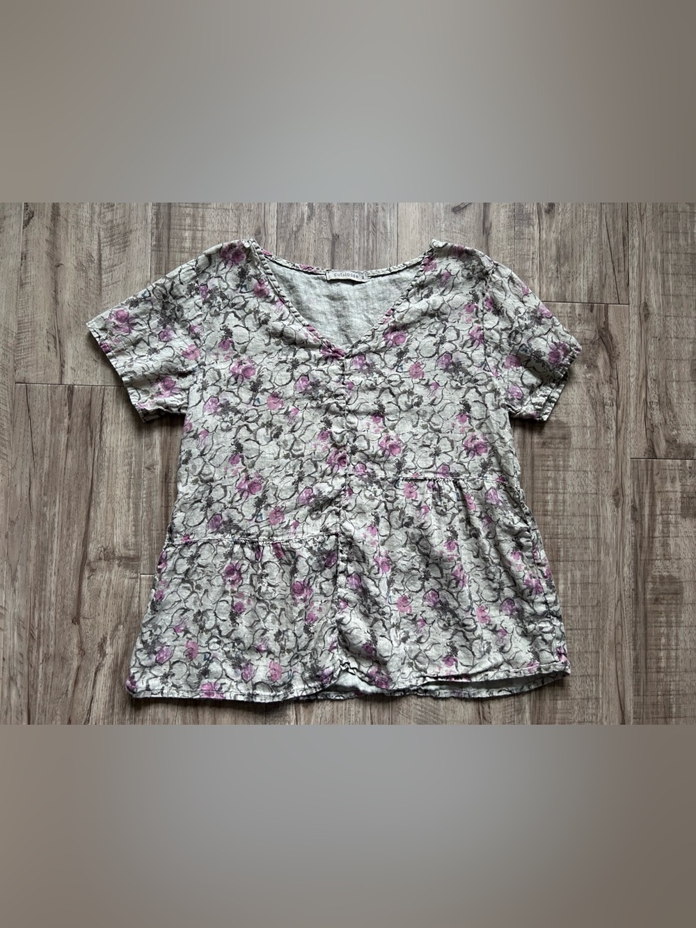 Linen Floral V-Neck Peplum Top — Pink Floral